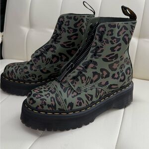 Dr. Martens Sinclair Distorted Leopard Print Platform Khaki Green boots